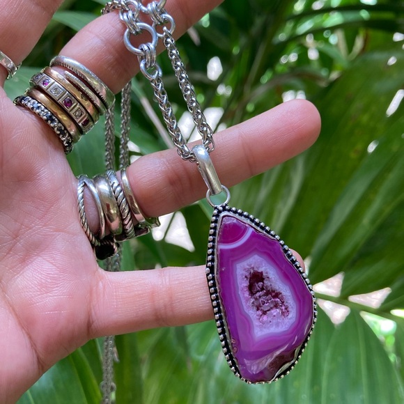 925 sterling silver overlay charm pink geode agate slice gemstone boho necklace - Picture 6 of 11